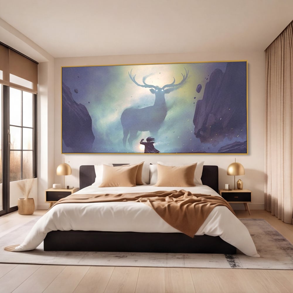 Tablou canvas cu tablou canvas cu cerb urias si copil, in rama de aluminiu auriu, pe perete intr-un dormitor